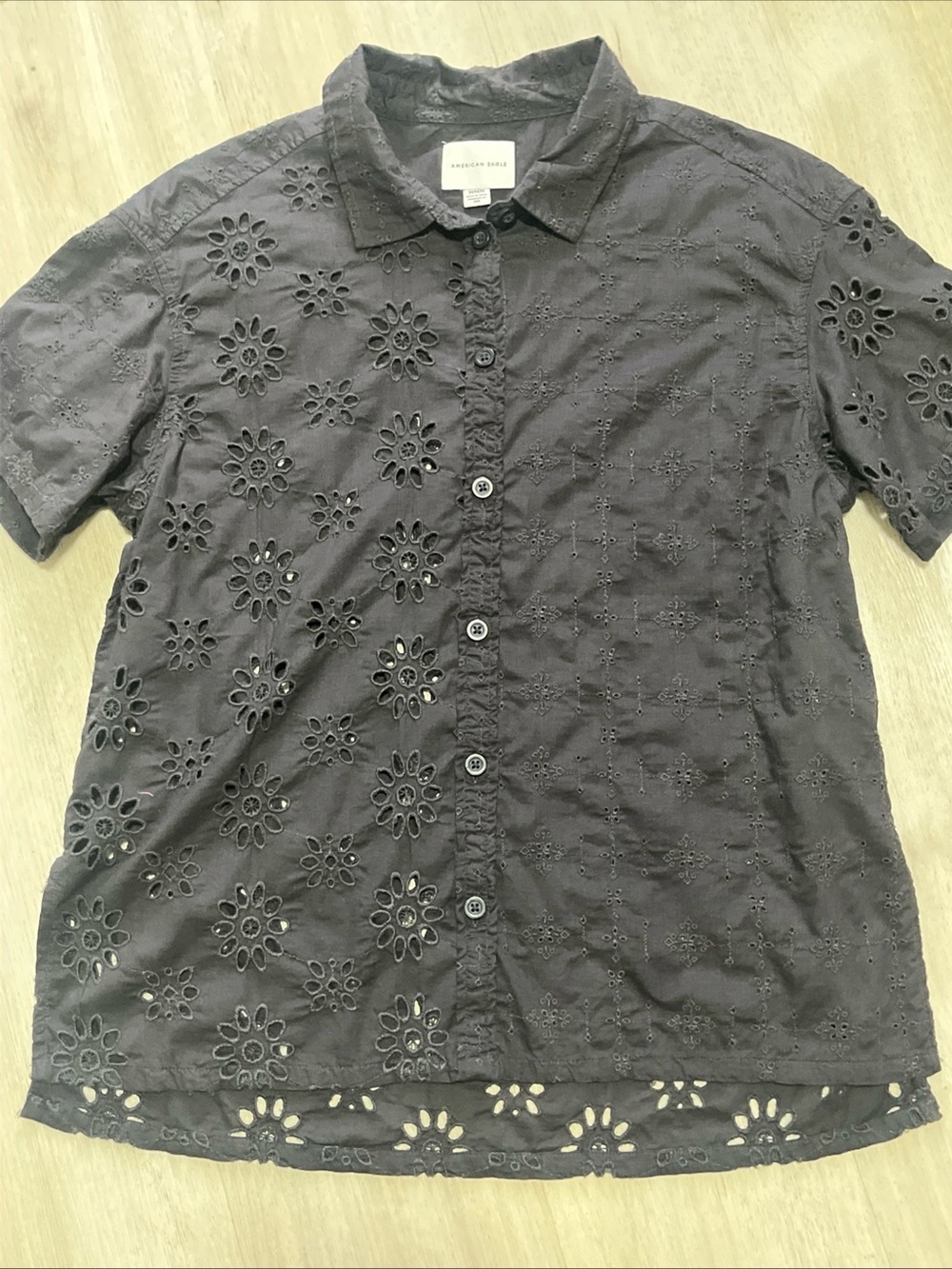 American Eagle Outfitters Black Eyelet Short-Sleeve Button-Down Shirt